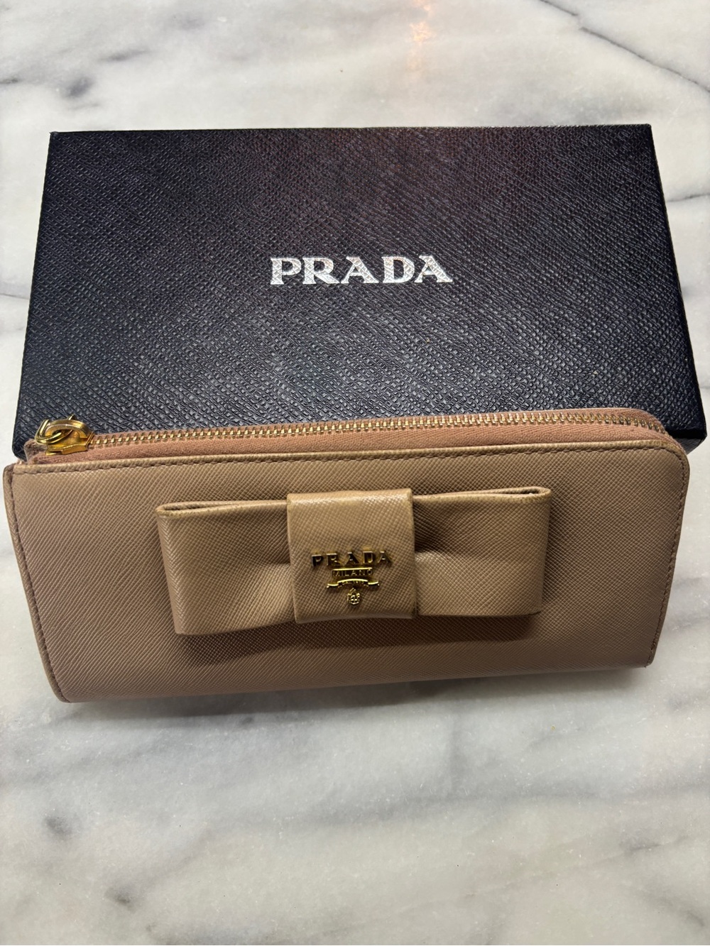 Prada Saffiano Leather Zip Wallet with Bow Detail and Original Box